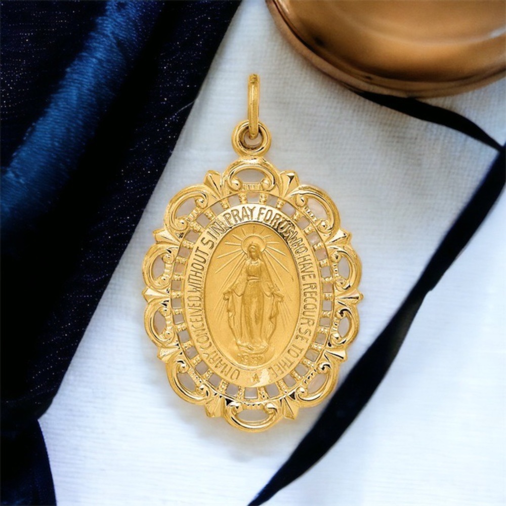 14 Yellow Gold Lace Trim Religious Oval Miraculous Medal Necklace Charm Pendant